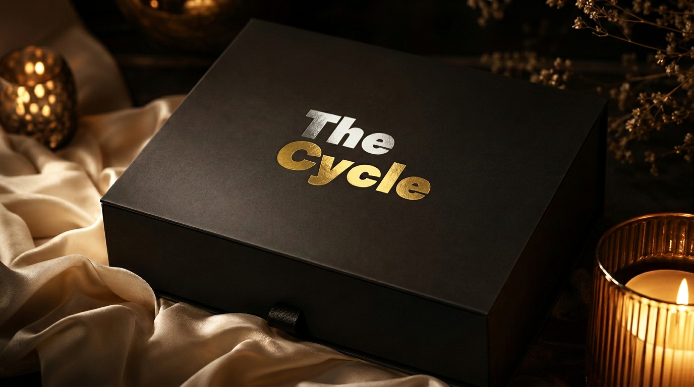 The Cycle matte black keepsake box on silk in warm candlelight