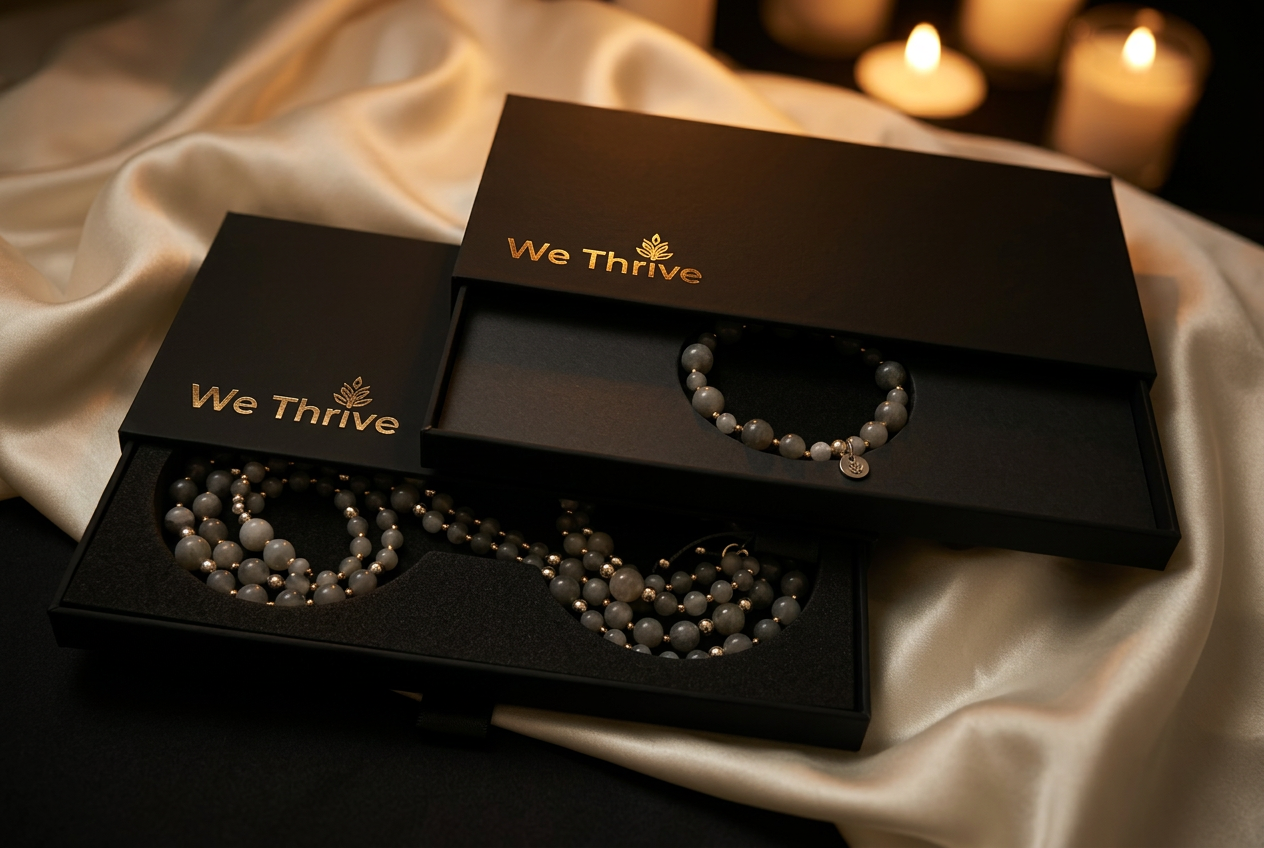 We Thrive — black keepsake boxes with gemstone bracelet and necklace